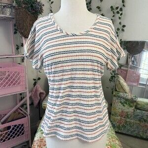Vintage 1970s Striped Textured Knit Top Women’s Small Red Blue Short Sleeve